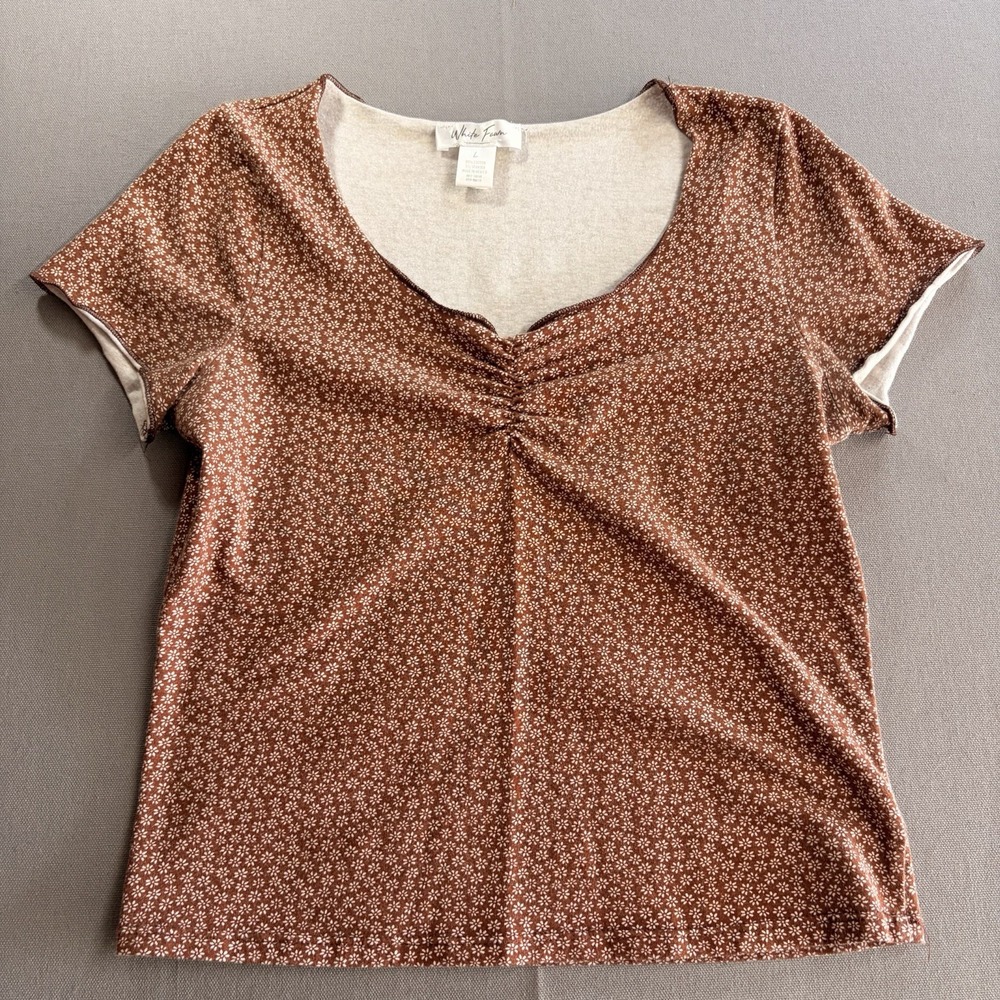 White Fawn Womens L Brown Floral Ruched Stretch Tee Cottagecore Short Sleeve